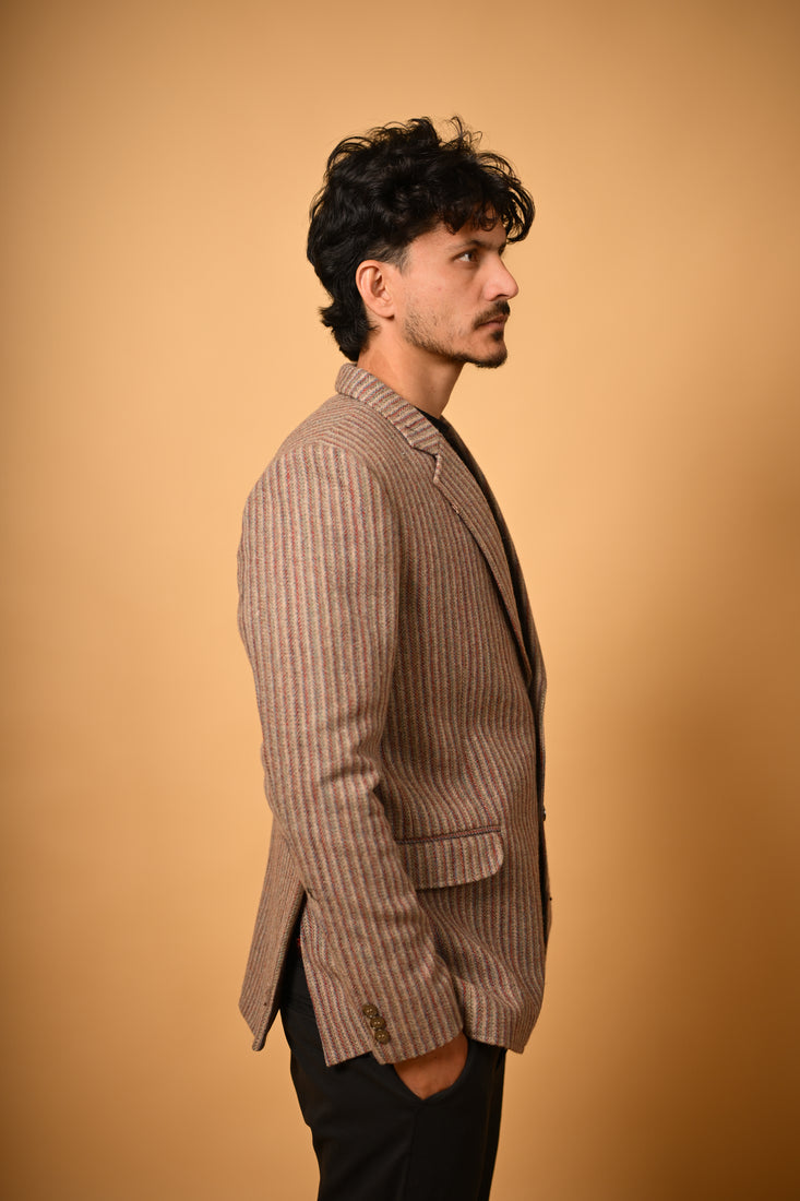 Warm Beige with Brown Pinstripes Woollen Blazer