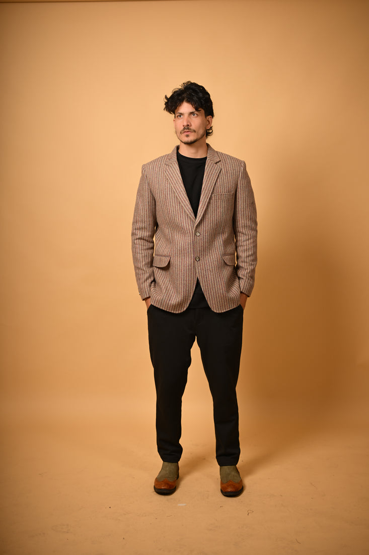 Warm Beige with Brown Pinstripes Woollen Blazer