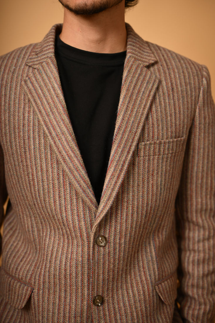 Warm Beige with Brown Pinstripes Woollen Blazer
